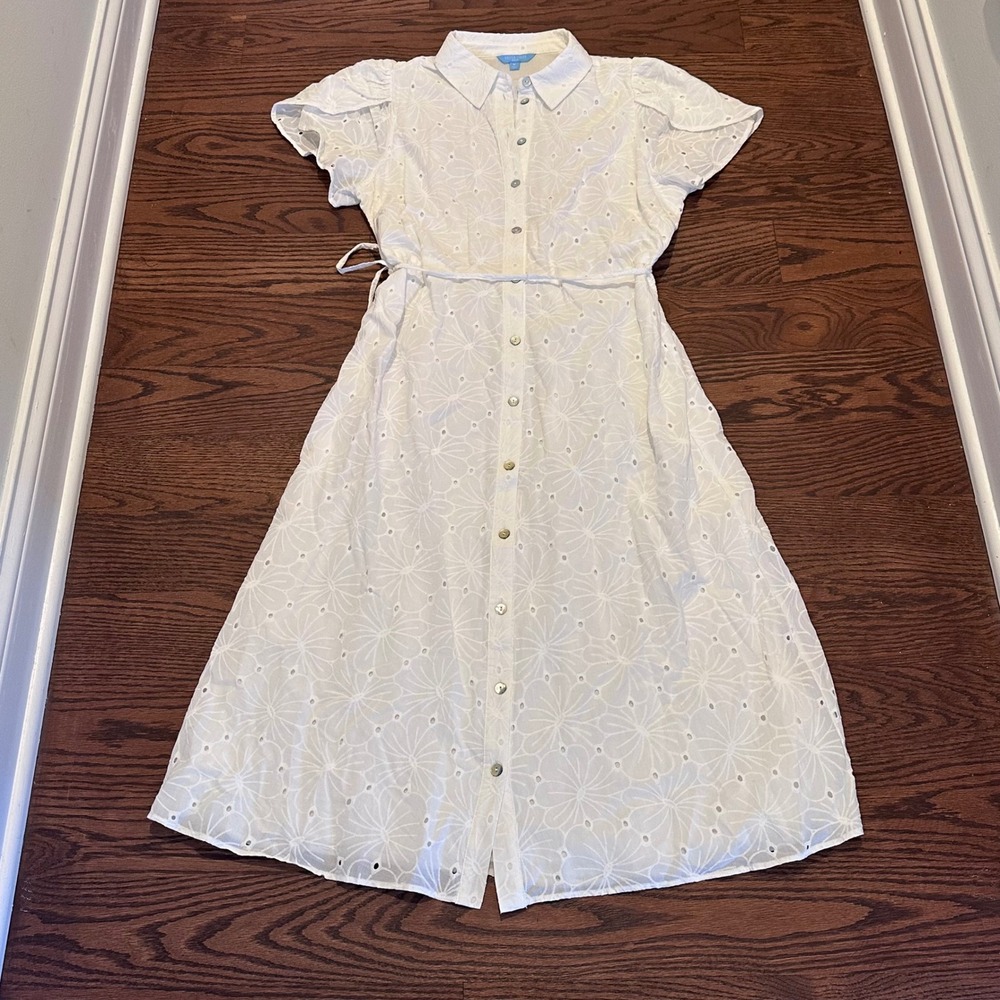 Draper James RSVP White Floral Eyelet Button Front Midi Dress Womens Medium